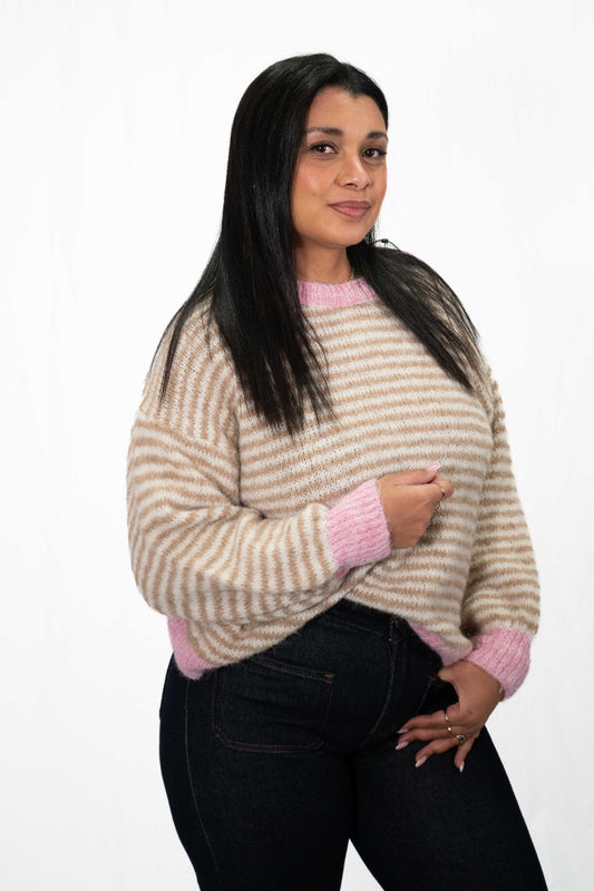 Pull manches longues à rayures BEIGE - Mode femme - SHEY Boutique Langon